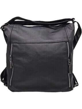 Black Faux Leather Shoulder Bag with Front Zipper Pockets
